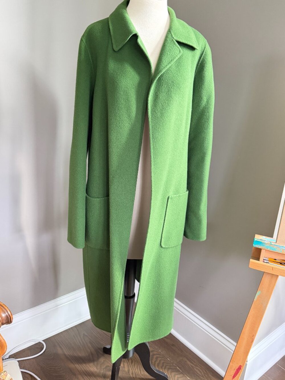 Linda Allard Ellen Tracy Long Green Wool Cardigan Sweater Jacket